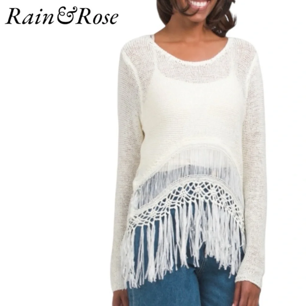 Rain + Rose Sweater Ivory Knit Sweater with Fringe NWOT size Medium - Picture 2 of 9